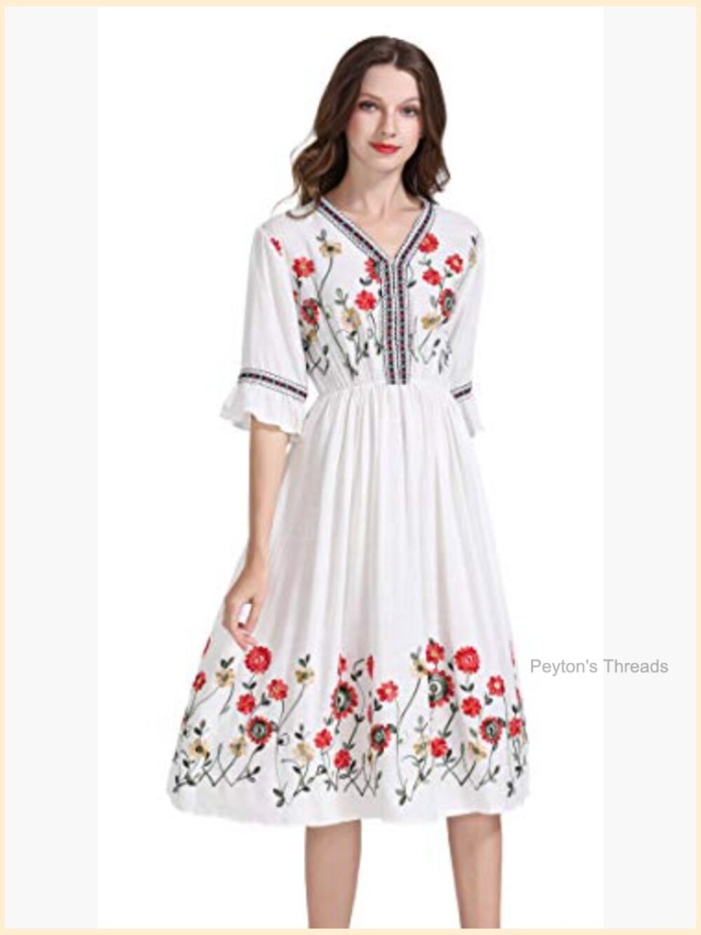 Short Sleeve Floral Embroidered Midi A-line Cocktail Dress - Picture 4 of 7